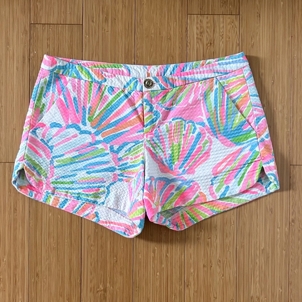 Lilly Pulitzer Adie Shellabrate Sea Shells Textured Pink White Blue Shorts 00